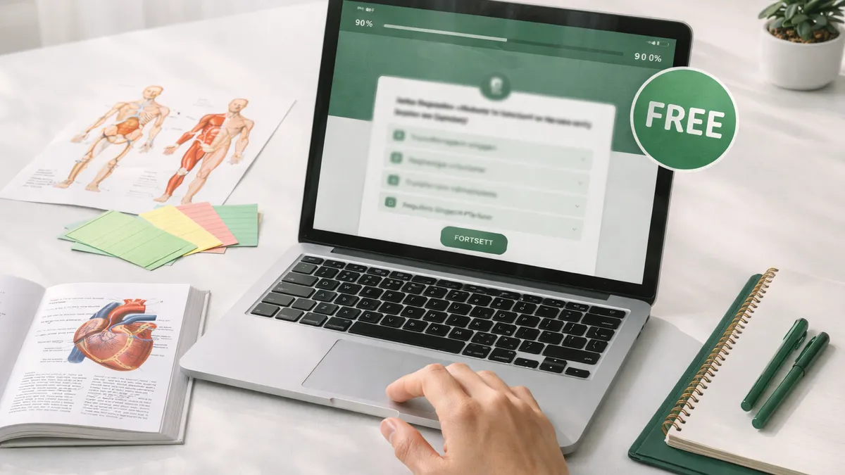 Laptop med anatomi-quiz på skjermen, omgitt av gratis læringsressurser og anatomiske illustrasjoner
