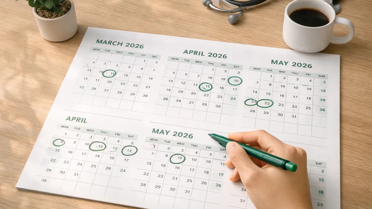 Kalender med markerte datoer for konteeksamen i anatomi 2026 og en penn